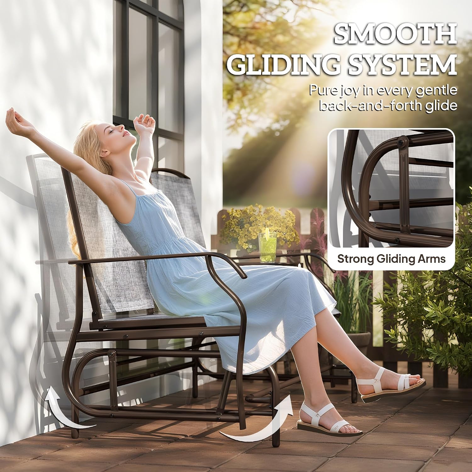 Outsunny Outdoor Glider Bench with Center Table, Metal Frame Patio Loveseat with Breathable Mesh Fabric and Armrests for Backyard Garden Porch, Gray