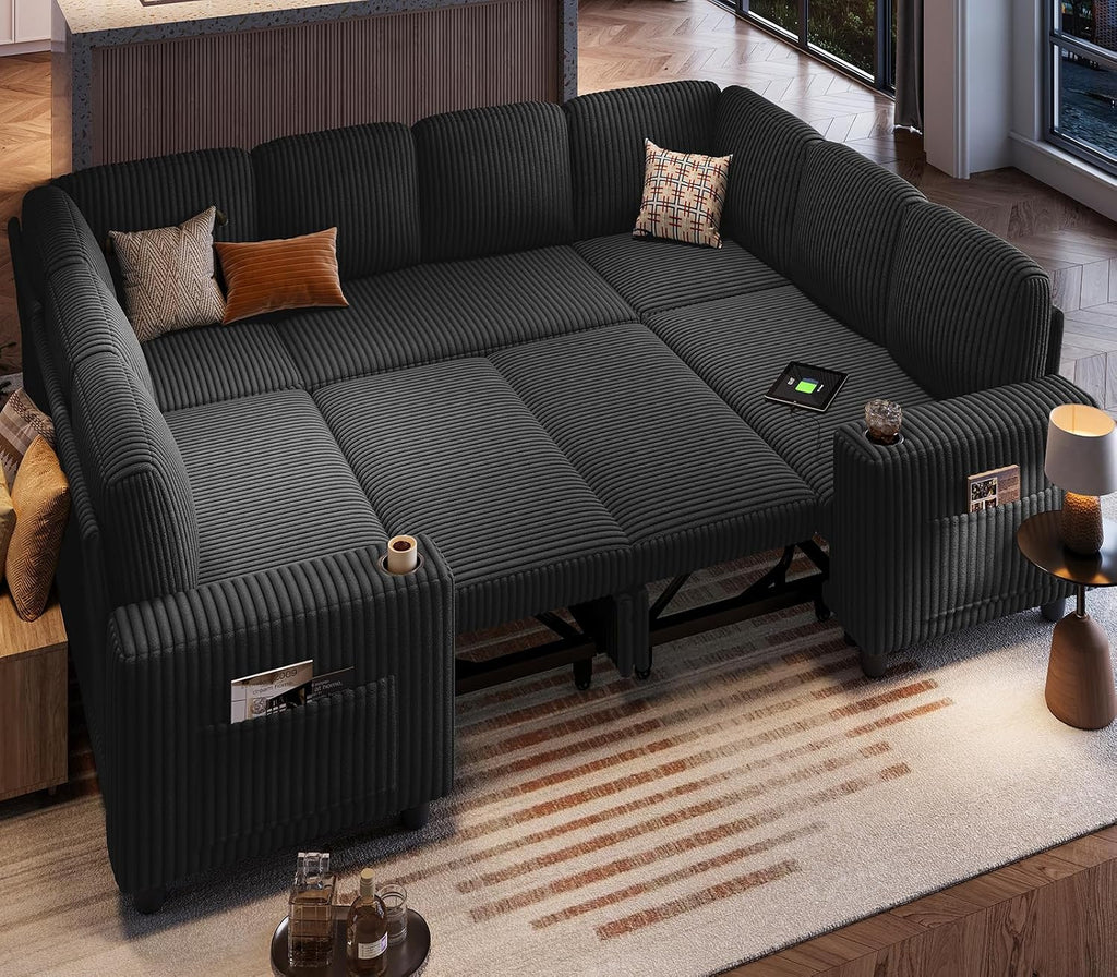 LINSY HOME Sectional Sleeper Sofa with Storage Chaise & USB Charging, Convertible Pull Out Couch Bed Plush Corduroy Modular Sectional Couches for Living Room Apartment (Black)