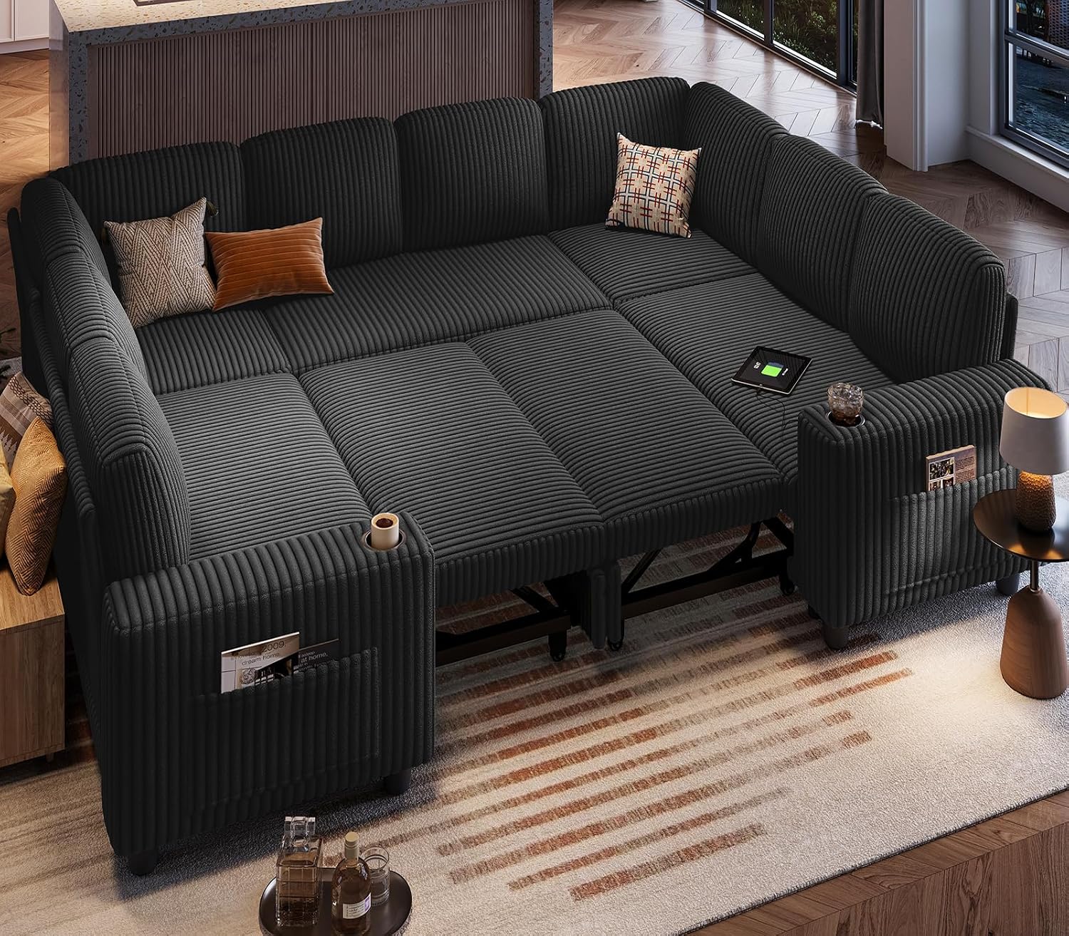 LINSY HOME Sectional Sleeper Sofa with Storage Chaise & USB Charging, Convertible Pull Out Couch Bed Plush Corduroy Modular Sectional Couches for Living Room Apartment (Black)