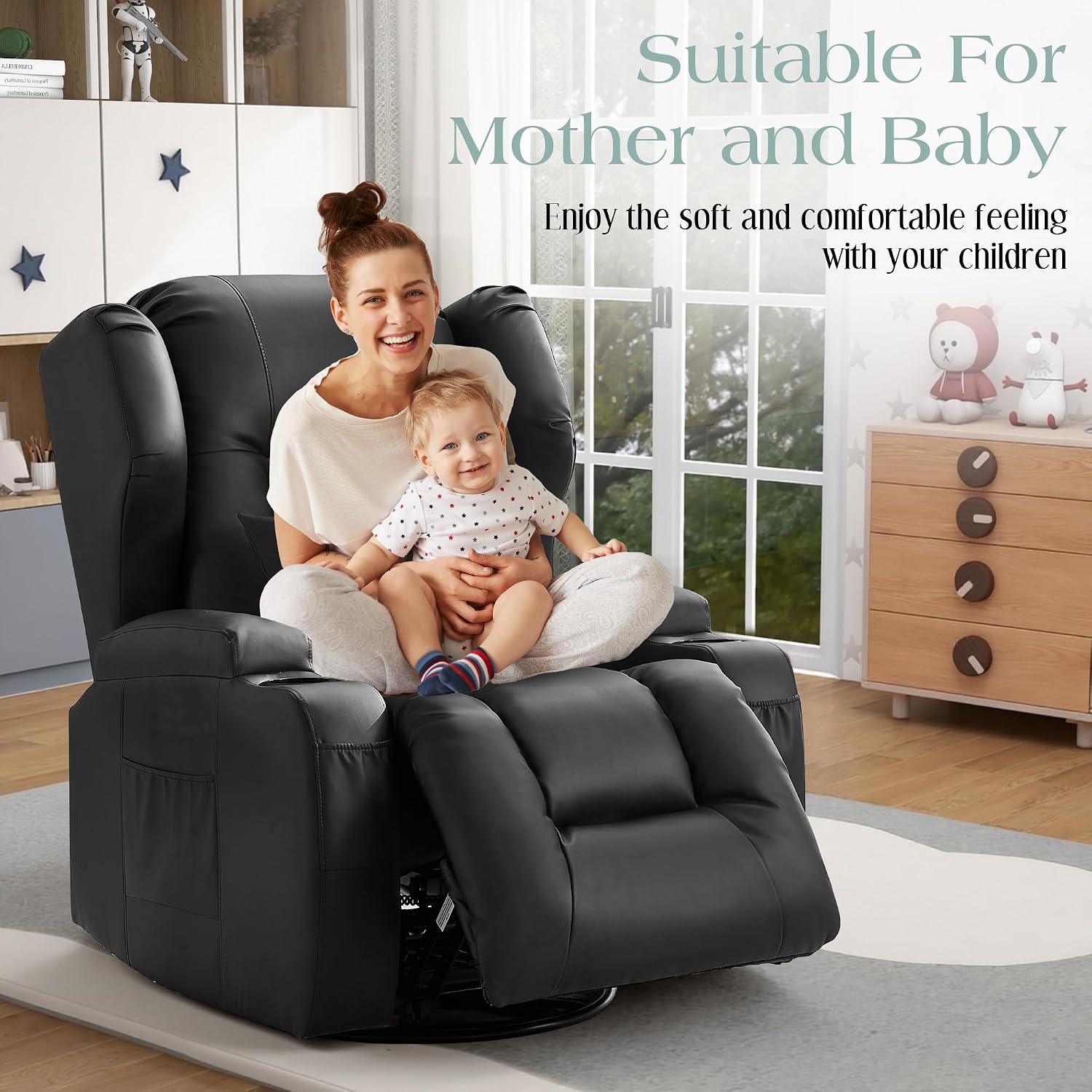 TUNYI Power Recliner Chair - Faux Leather Home Theater Seating Glider Reclining Sofa with Massage & Heat Swivel Rocker Recliner Chair for Living Room with LED Light/USB Port/Lumbar Pillow (Black)