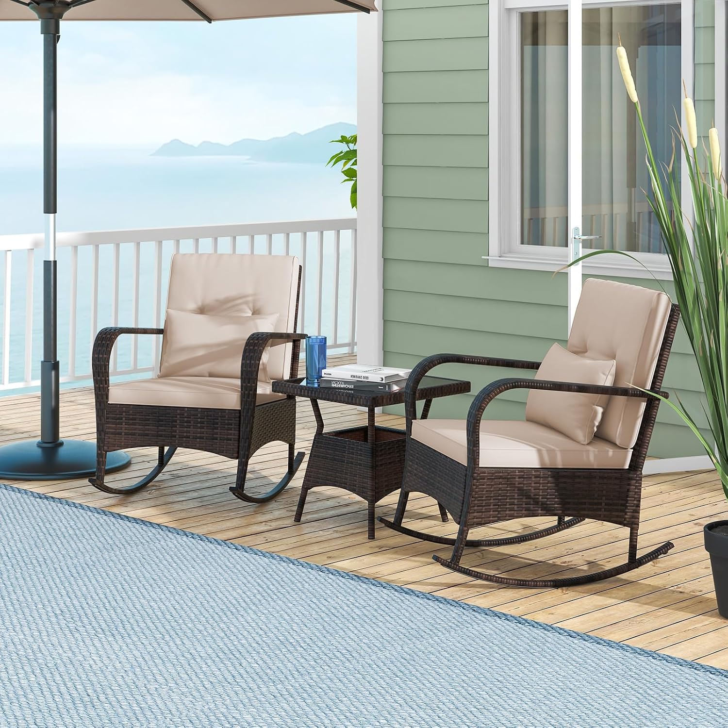 HAPPYGRILL 3 Piece Outdoor Rocking Bistro Set, Rattan Wicker Rocking Chairs with Tempered Glass Coffee Table, Rocker Chairs Set with Cushions & Pillows, for Backyard, Porch, Poolside