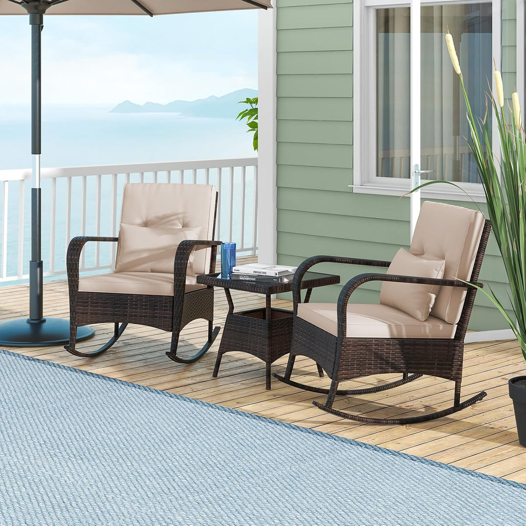 HAPPYGRILL 3 Piece Outdoor Rocking Bistro Set, Rattan Wicker Rocking Chairs with Tempered Glass Coffee Table, Rocker Chairs Set with Cushions & Pillows, for Backyard, Porch, Poolside