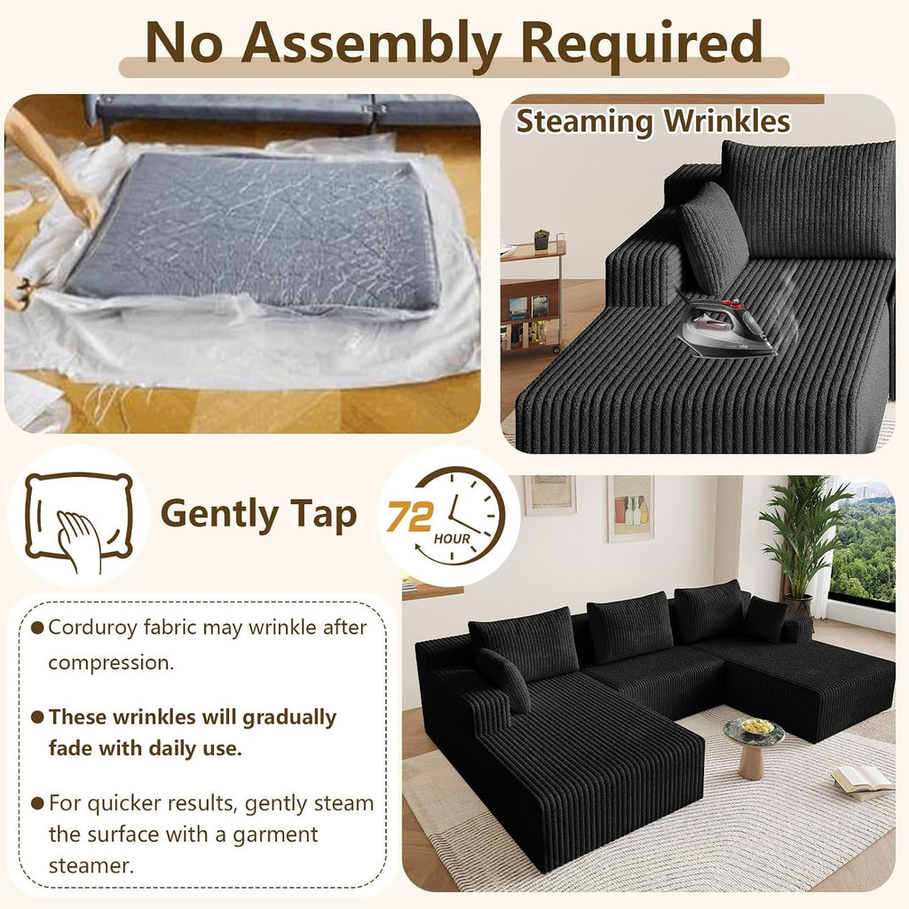 107' Modular Sectional Sofa, Modern Corduroy Cloud Couch with Deep Seat, Boneless Couch Upholstered 3-Seater U-Shaped Sofa for Living Room, No Assembly Required (Black)