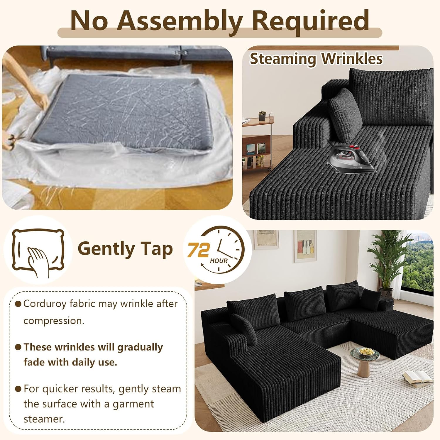 107' Modular Sectional Sofa, Modern Corduroy Cloud Couch with Deep Seat, Boneless Couch Upholstered 3-Seater U-Shaped Sofa for Living Room, No Assembly Required (Black)