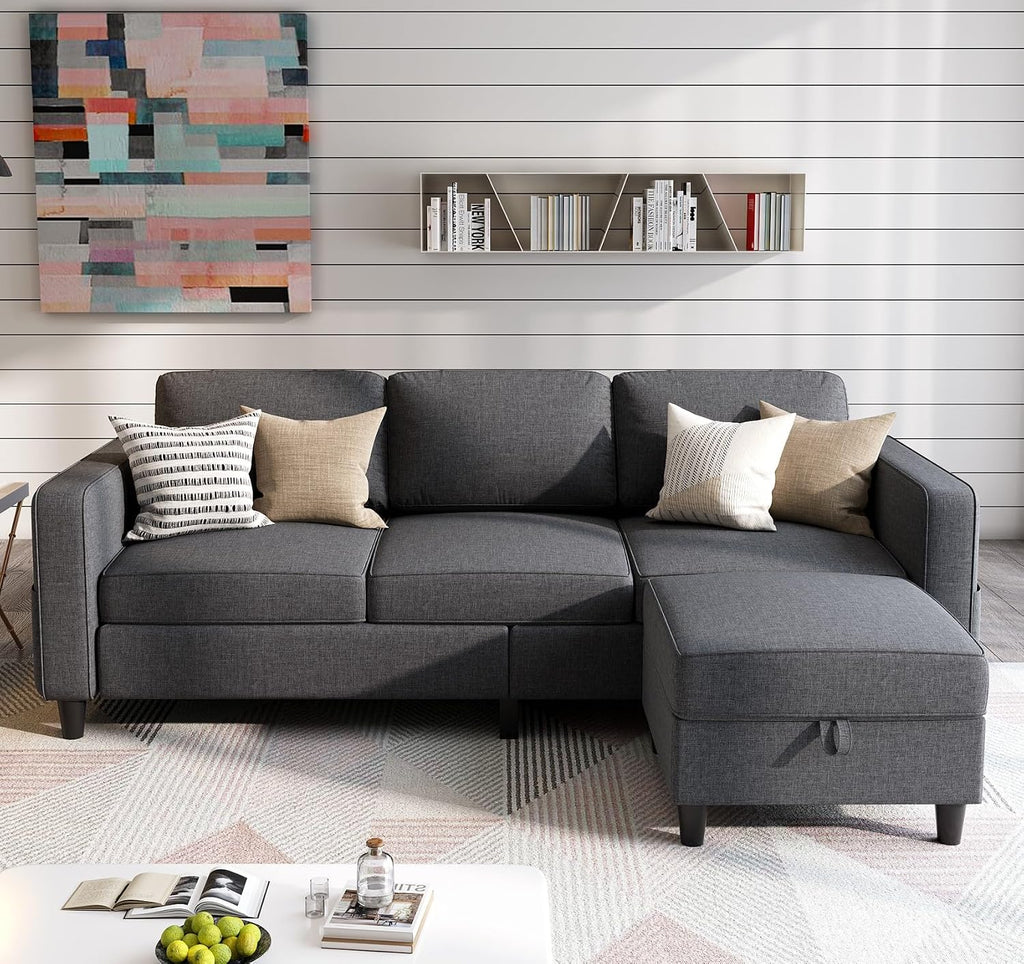 Grzyhem Sectional Sofas Couches for Living Room 78' L-Shaped Small Couch - Modern Linen Dark Grey Sofa with Storage Ottoman for Apartments, Studios Home Offices, Small Space
