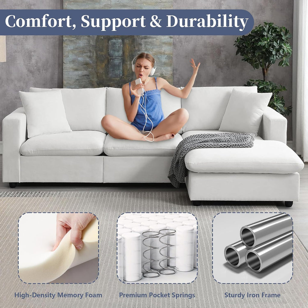 Tmsan 100.4' Modular Sectional Sofa Cloud Couch for Living Room, Modern Convertible L Shaped Couch Set with Ottoman, 4 Seater Polyester Fabric Sofa with 2 Pillows for Apartment Office (White)