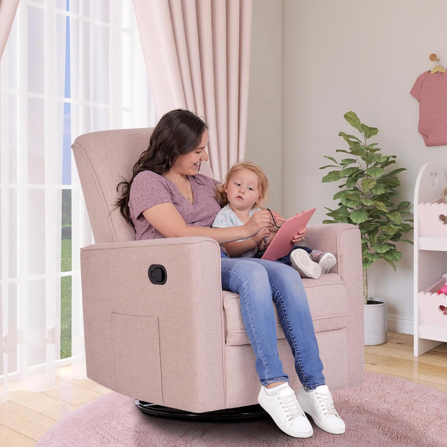 évolur Raleigh Upholstered Manual Glider Recliner– Rocking & 360° Swivel with Smooth Glide – Greenguard Gold & FSC Certified – Modern Nursery and Living Room Chair in Rose