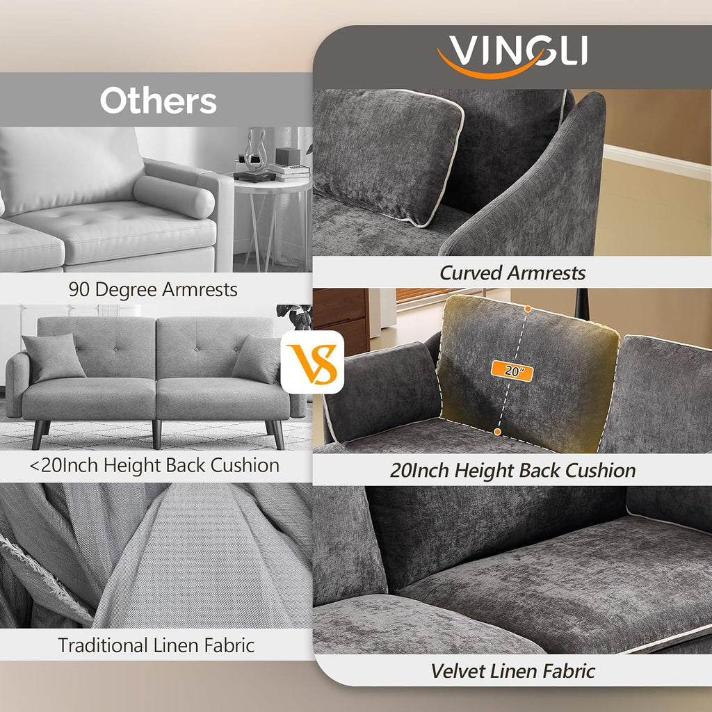 VINGLI 84' Modern Sofa Couch, Linen Velvet 2-Seater Loveseat with Piped Cushions, Removable Cover & 2 Throw Pillows, Upholstered Couches for Living Room, Apartment, Office | Piped Cushions Sofa