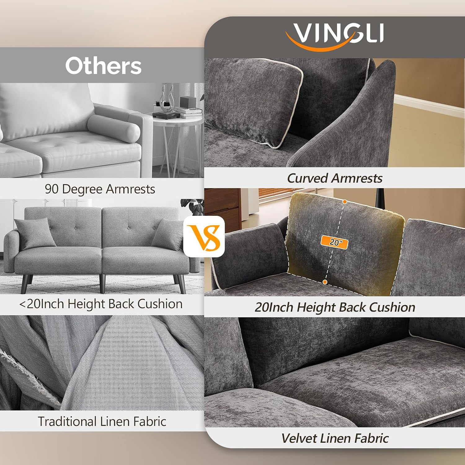 VINGLI 84' Modern Sofa Couch, Linen Velvet 2-Seater Loveseat with Piped Cushions, Removable Cover & 2 Throw Pillows, Upholstered Couches for Living Room, Apartment, Office | Piped Cushions Sofa
