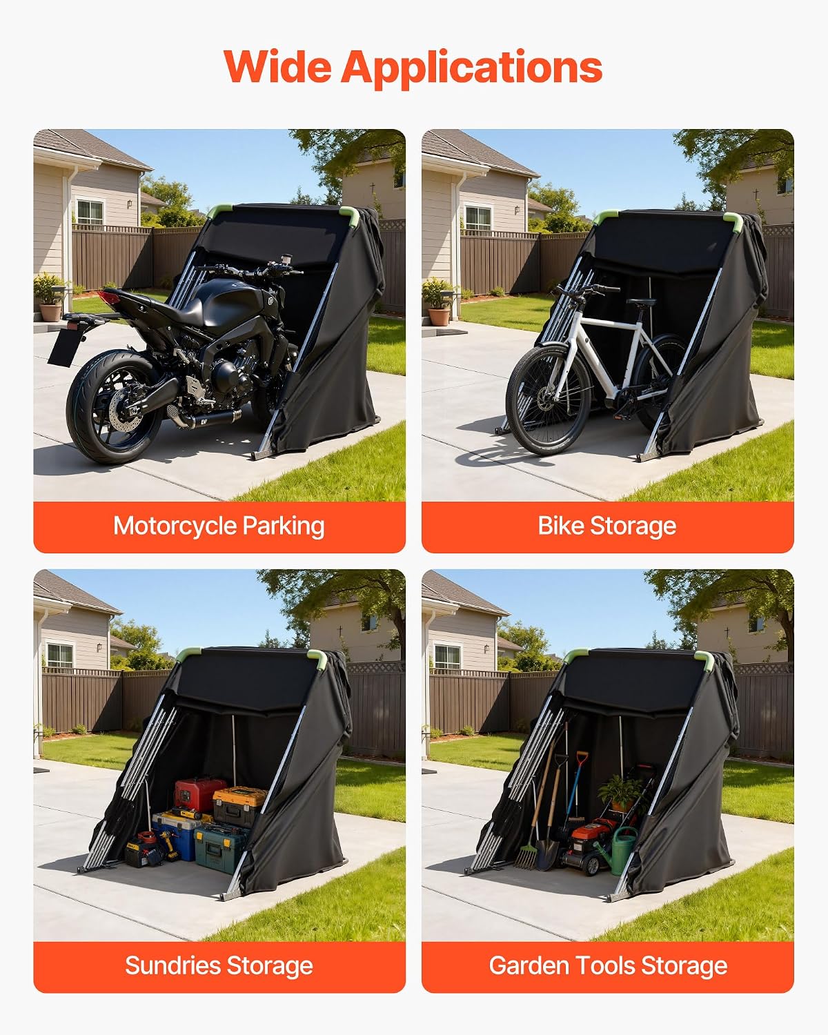 VEVOR Motorcycle Storage Shelter 110 x 43 x 63 in with Security Lock, 600D Oxford Flip-Up Garage Tent, Heavy-Duty All-Weather Motorcycle Cover Shed with 2 Side Windows, Outdoor Vehicle Shelter, Black