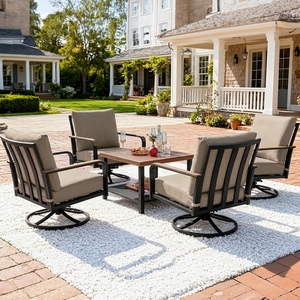 NATURAL EXPRESSIONS 5 Piece Patio Furniture Set,Outdoor Conversation with 4 Pieces Swivel Rocking Chairs,28' Double-Deck Wooden Grain Finish Metal Table, 6' Olefin Cushions for Yard,Porch (Shale)