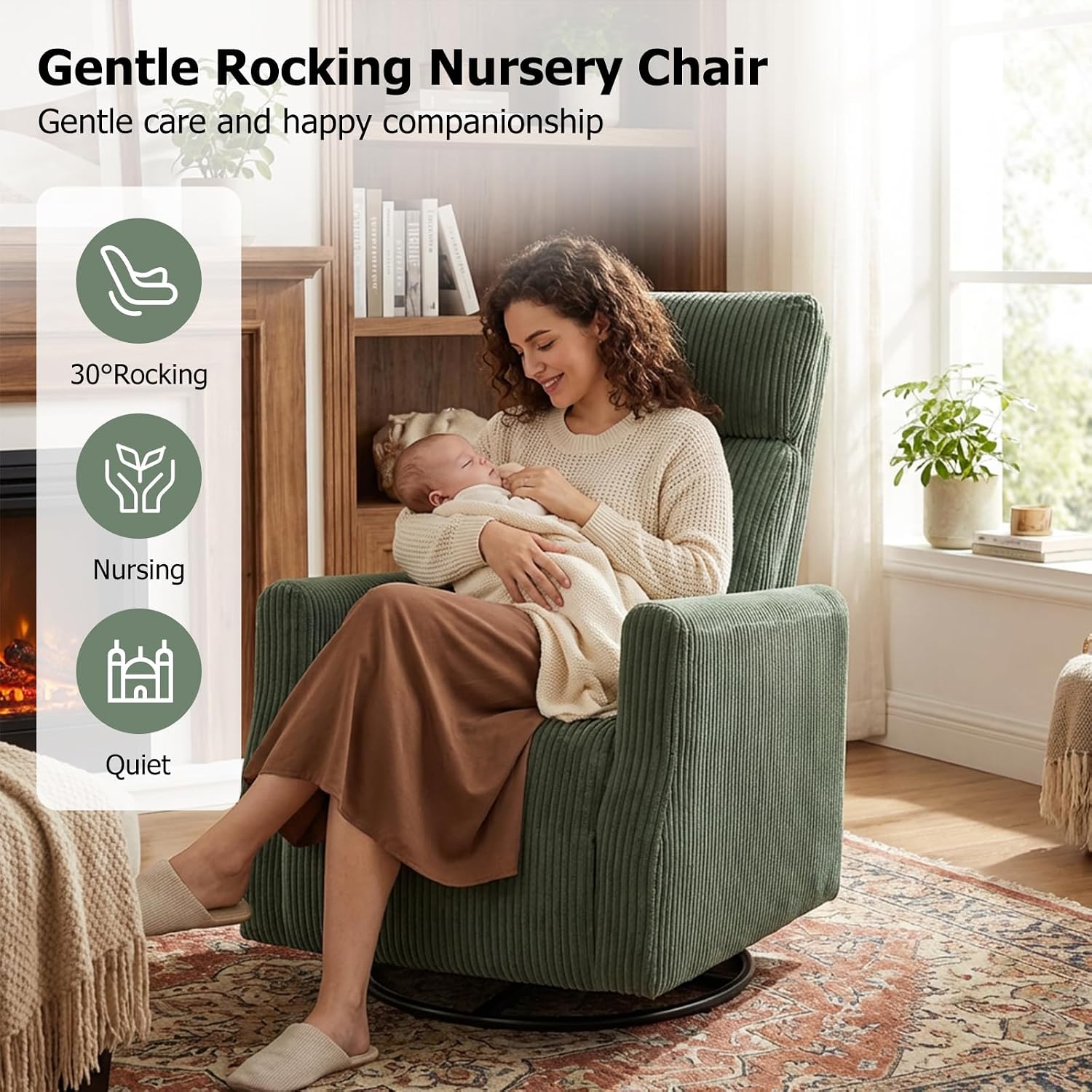 CANMOV Swivel Rocker Chair Set of 2, Swivel Accent Chair with High Back and Arms, Corduroy Glider Chair for Living Room Bedroom Nursery, Green