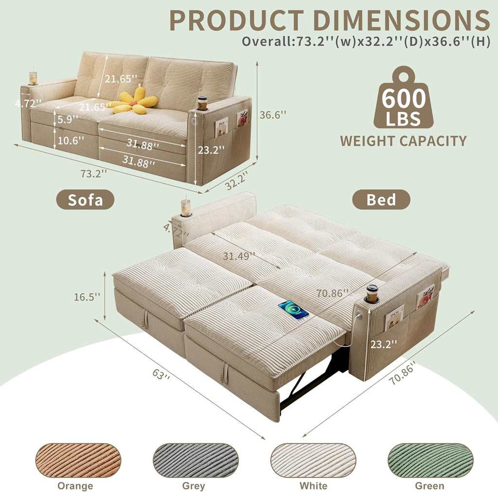 Queen Sofa Bed,Convertible Loveseat Sleeper Sofas,Couch with Pull Out Bed,Pullout Couch Bed for Small Space,Queen Sleeper Sofa Couches for Living Room,Apartment & Guest Room Beige | USB Port, Cup Holder