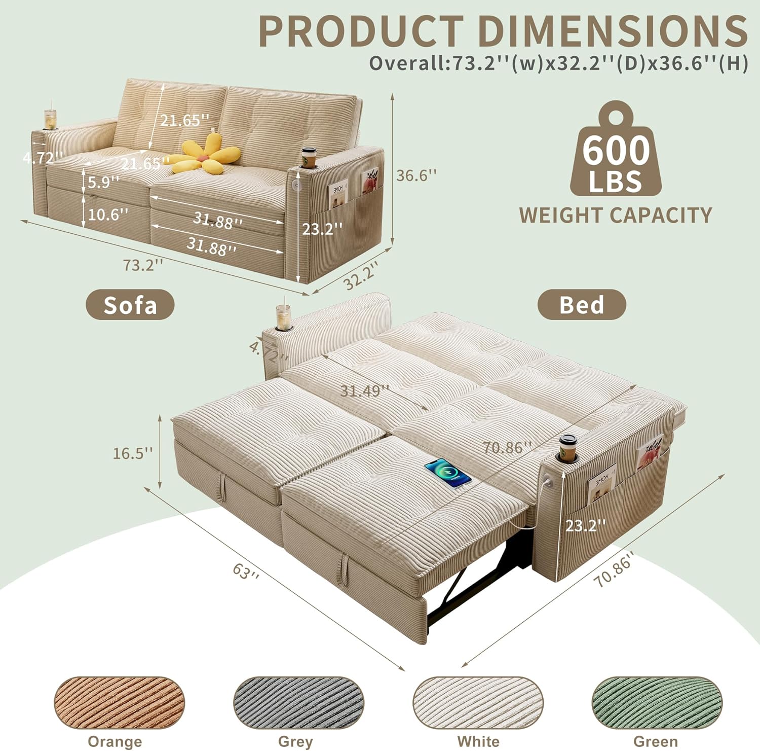 Queen Sofa Bed,Convertible Loveseat Sleeper Sofas,Couch with Pull Out Bed,Pullout Couch Bed for Small Space,Queen Sleeper Sofa Couches for Living Room,Apartment & Guest Room Beige | USB Port, Cup Holder
