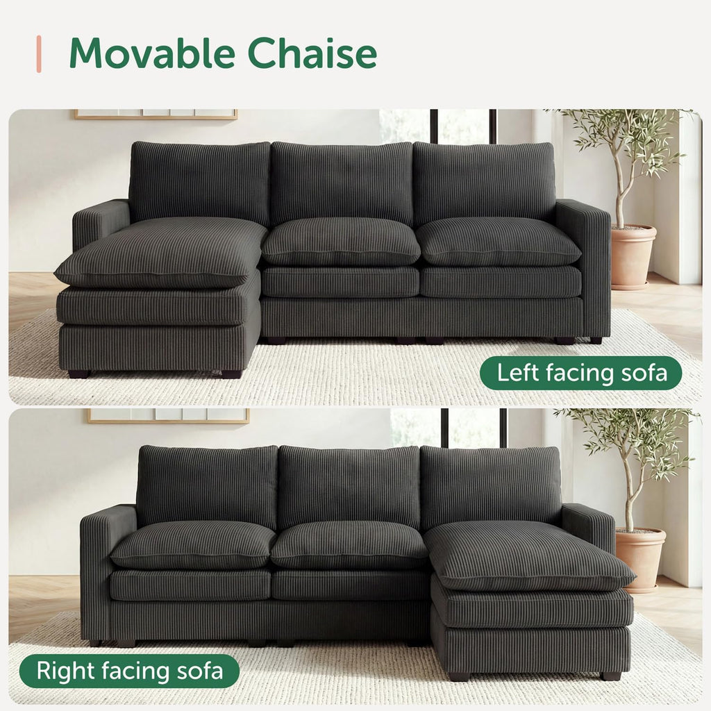 HONBAY 97.6 Inch Corduroy Cloud Modular Sectional Sofa with Chaise, Deep Seat L-Shaped Couch with Storage for Living Room, Apartment, Small Space,Grey