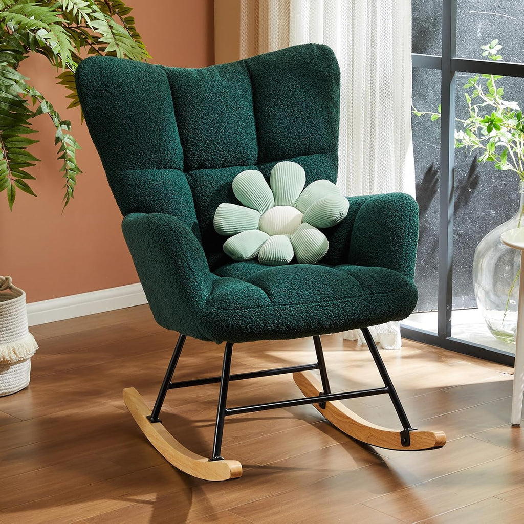 Rocking Chair Nursery, Teddy Upholstered Glider Rocker with High Backrest, Reading Chair Modern Rocking Accent Chairs Glider Recliner for Living Room, Nursery, Bedroom (Green)