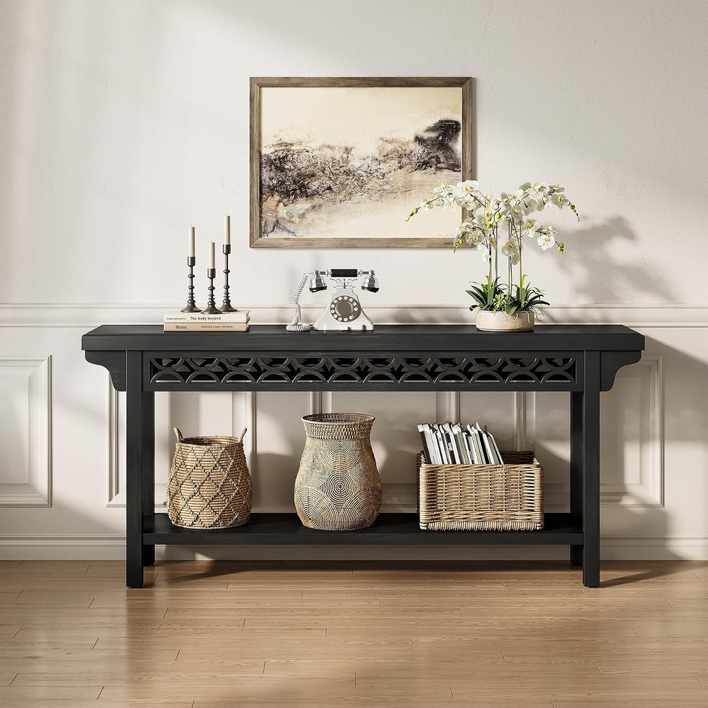LITTLE TREE 70.87-Inch Long Console, Solid Wood Farmhouse Narrow Entryway Table with Shelf, Rustic Sofa Table for Living Room, Hallway, Black