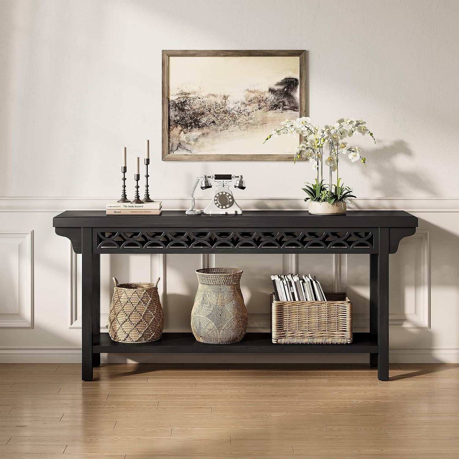 LITTLE TREE 70.87-Inch Long Console, Solid Wood Farmhouse Narrow Entryway Table with Shelf, Rustic Sofa Table for Living Room, Hallway, Black