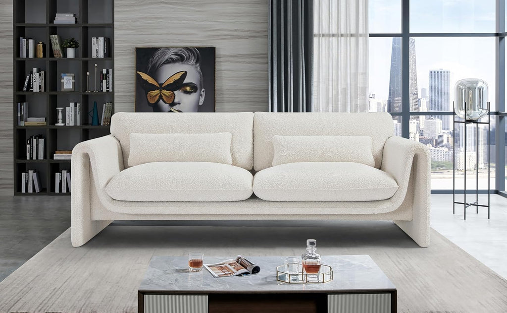 Meridian Furniture 198Cream-S Stylus Collection Modern | Contemporary Boucle Fabric Upholstered Sofa with Rich Cream Boucle Fabric, Curved Arms, 86' W x 38' D x 31' H, Cream