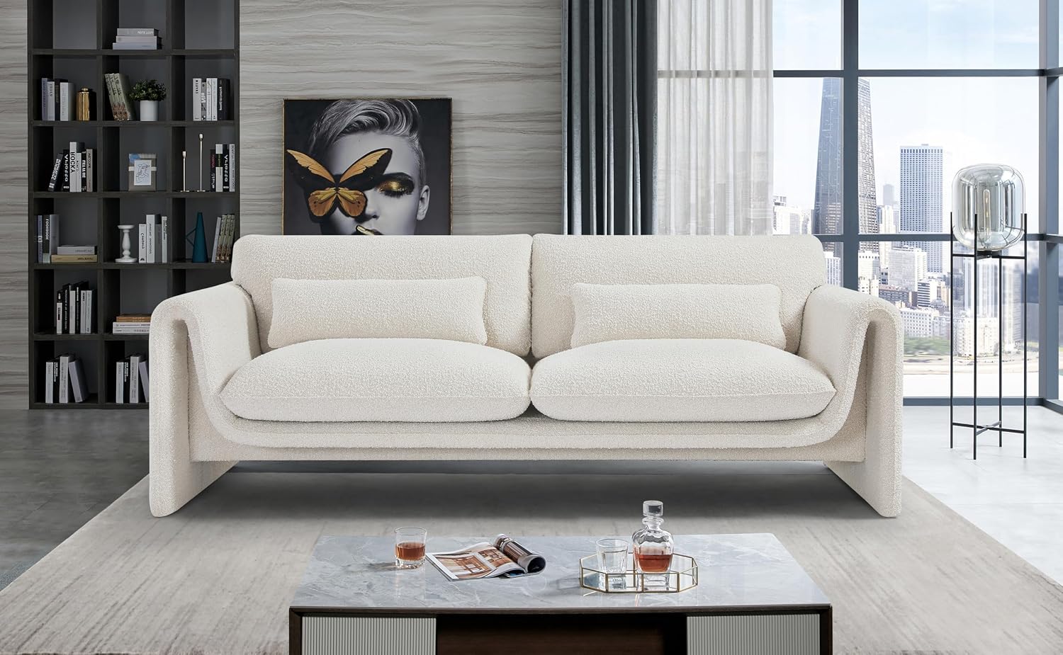 Meridian Furniture 198Cream-S Stylus Collection Modern | Contemporary Boucle Fabric Upholstered Sofa with Rich Cream Boucle Fabric, Curved Arms, 86' W x 38' D x 31' H, Cream