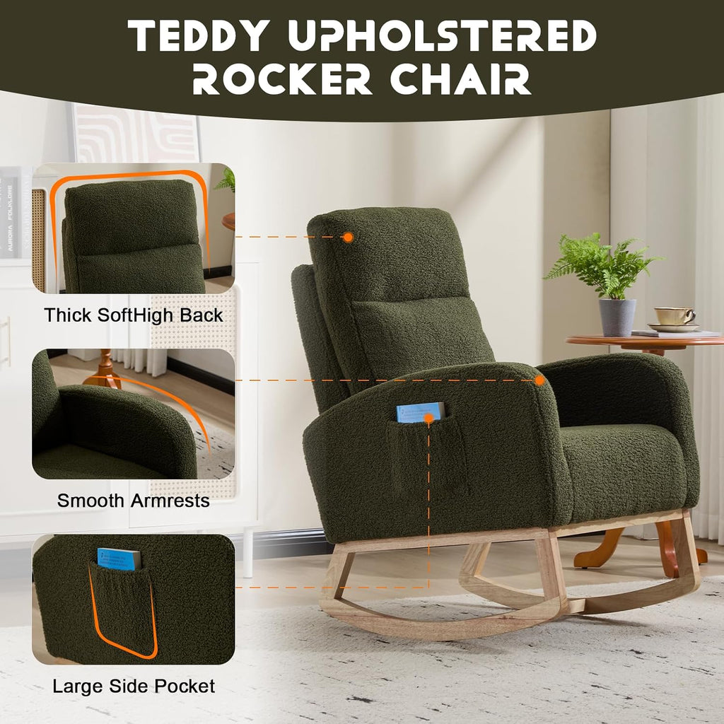 Cloud Rocking Chair Nursery, Comfy Glider Nursery Chair with Foot Rest, Upholstered Rocker, Modern Accent Reading Armchair with Solid Wood Base for Living Room, Bedroom (40' Green)