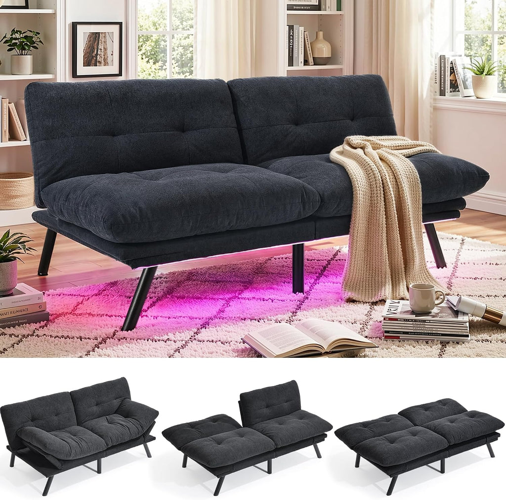YITAHOME Convertible Futon Sofa Bed with Adjustable 3 Color Light Strip, 70' Folding Futon Set for Living Room Home Office Aprtment, Modern Futon Couch with Adjustable Backrest & Armrests, Black