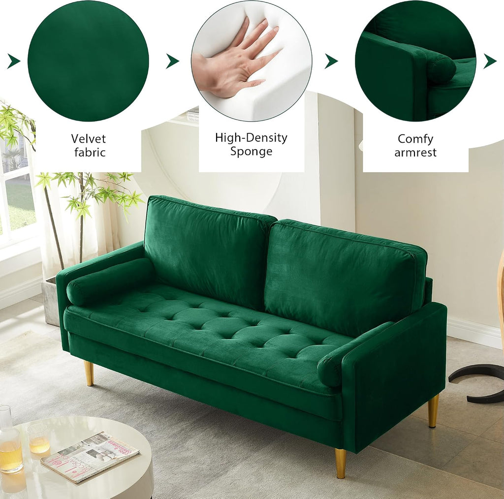 67' Modern Velvet Loveseat Sofa Couch, Mid-Century Tufted Upholstered Small Love Seat Couch with 2 Pillows & 4 Golden Legs, 2-Seats Couches for Compact Space, Living Room, Apartment (Emerald)