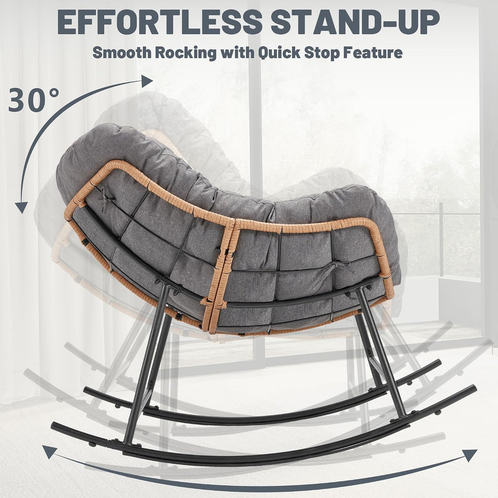 Outdoor Comfy Rocking Chair with Thick Cushion, Rattan Rocker Egg Chair Indoor with Straps, Patio Rocking Chair 450lbs for Garden, Backyard, Balcony, Lawn, Bedroom, Living Room (Dark Gray)
