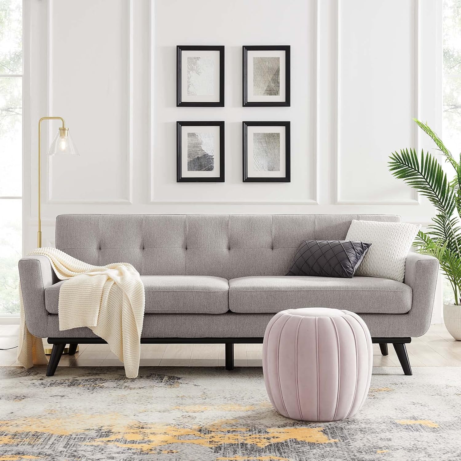 Modway Engage Mid-Century Modern Herringbone Fabric Sofa in Light Gray