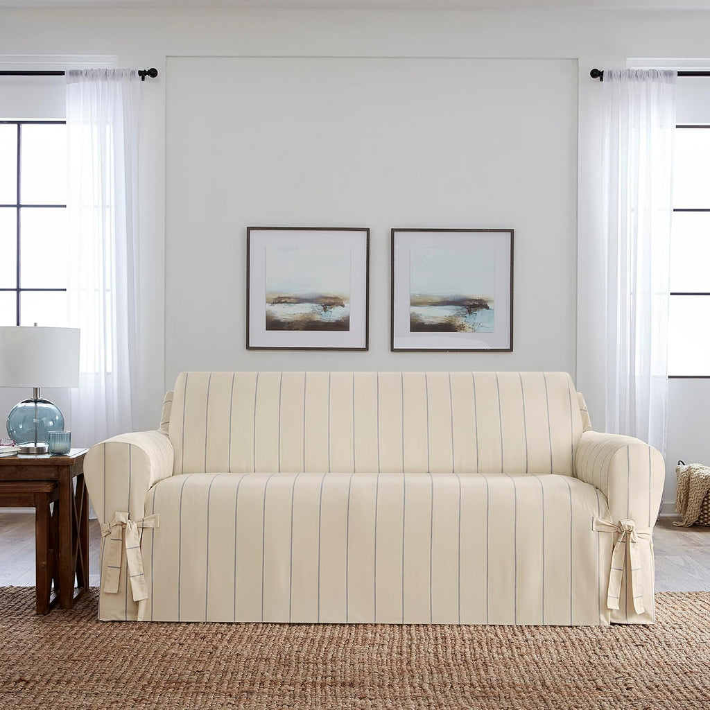 SureFit Heavyweight Cotton Duck Sofa Slipcovers, Printed Heavyweight Cotton Sofa Cover, One Piece Design, Couch Cover with Seat Elastic and Adjustable Corner Ties, Natural with Blue Stripe