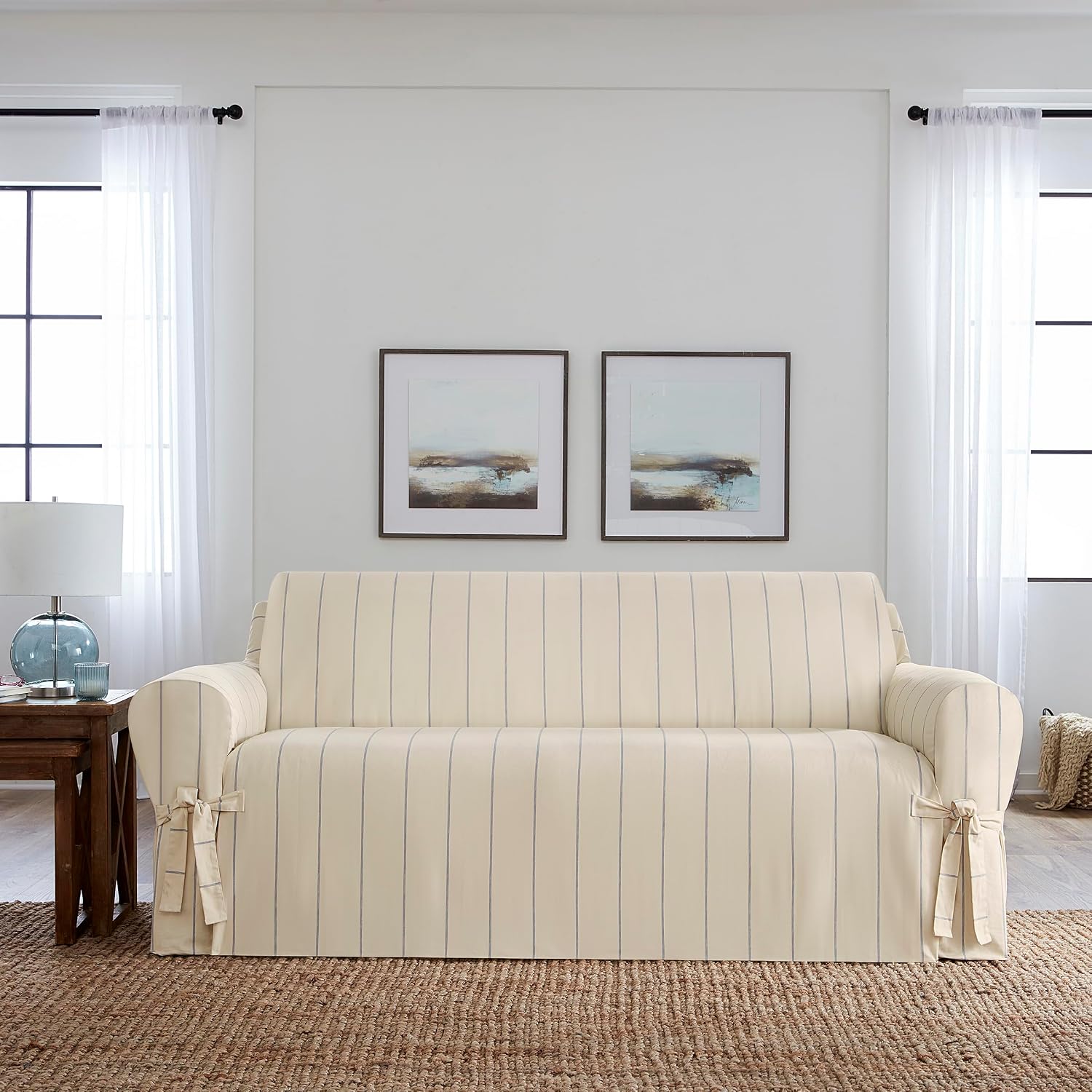 SureFit Heavyweight Cotton Duck Sofa Slipcovers, Printed Heavyweight Cotton Sofa Cover, One Piece Design, Couch Cover with Seat Elastic and Adjustable Corner Ties, Natural with Blue Stripe