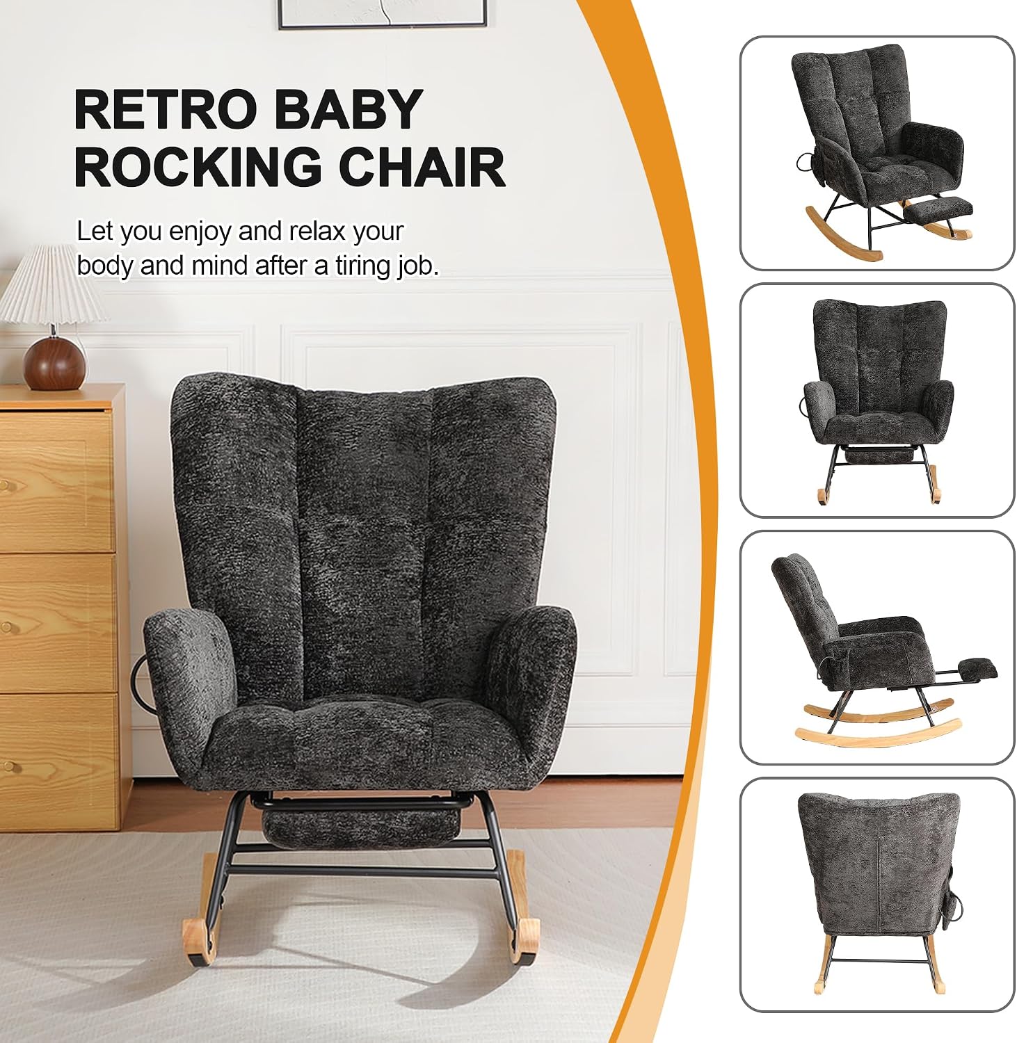 Rocking Chair Nursery with Airbag, Comfy Modern Nursery Rocking Reading Chair Indoor with Footrest, Cozy Upholstered Glider Rocker Chairs for Living Room Bedroom Offices, (Chenille, Black)