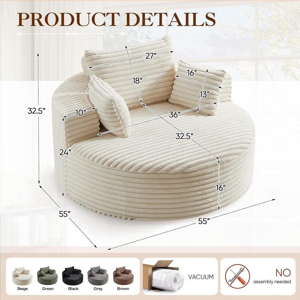 Oversized Round Chaise Longue Chair Indoor, Modern 55-inch Upholstered Corduroy Deep Seat Circle Single Cloud Lounge Floor Sofa Chair for Living Room, Bedroom Apartment, Beige