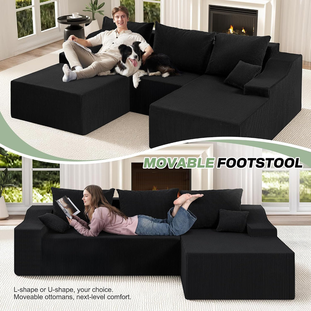 HABUTWAY U Shaped Modular Sectional Couch for Living Room, Modular Cloud Sofa with Ottoman, No Assembly Boneless Couches with Deep Seat, Corduroy Fabric (Black, Right Facing)