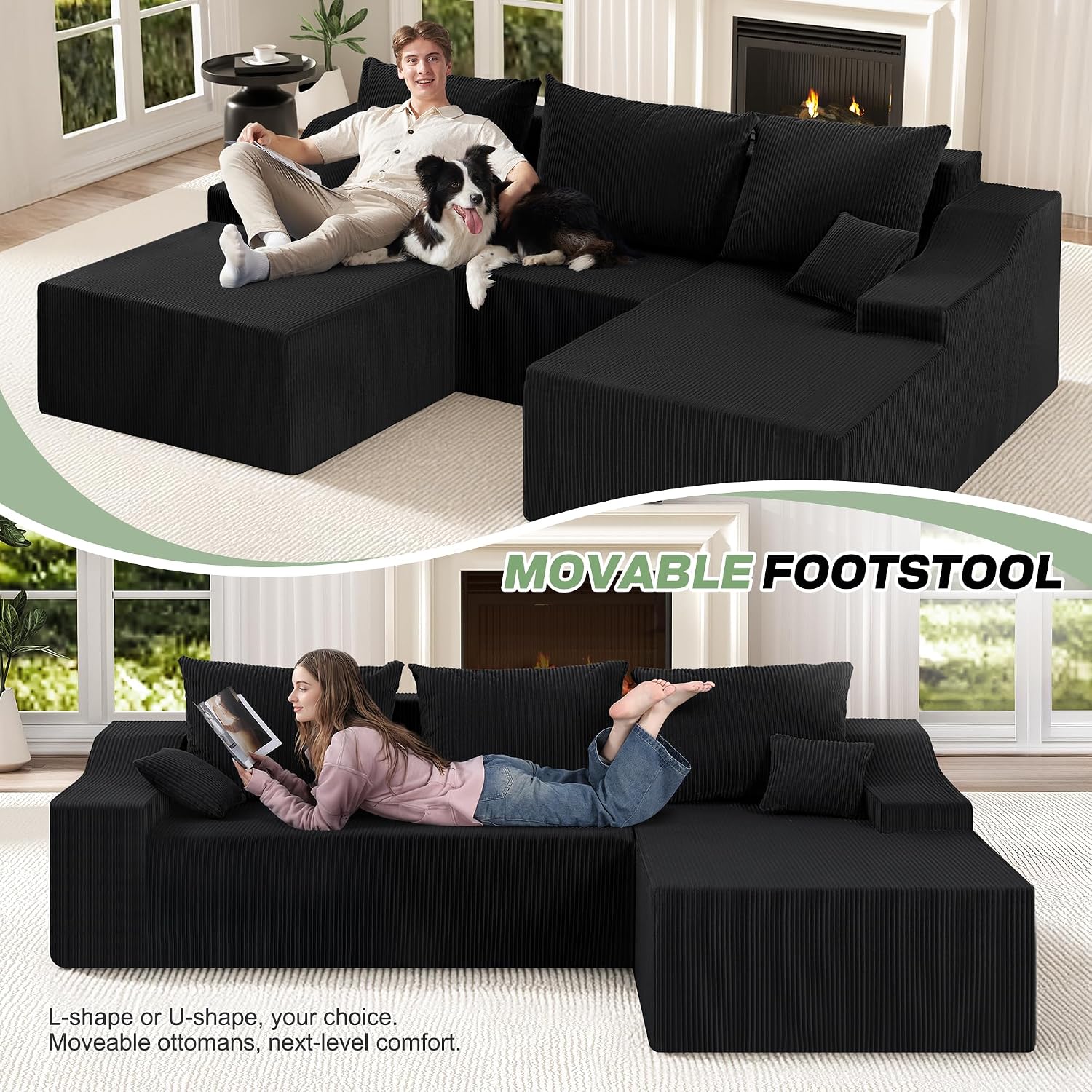 HABUTWAY U Shaped Modular Sectional Couch for Living Room, Modular Cloud Sofa with Ottoman, No Assembly Boneless Couches with Deep Seat, Corduroy Fabric (Black, Right Facing)