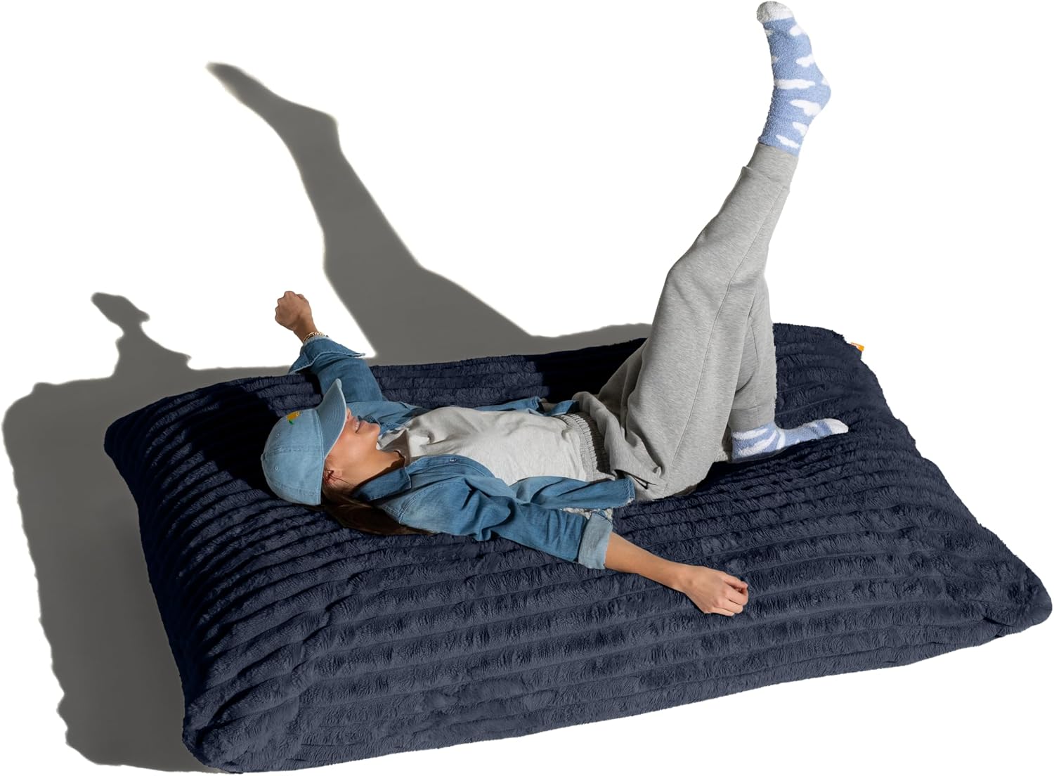 Pillow Saxx Bean Bag Rocking Chair - Elegant Oversized Rocker with Modern Wood Frame, Mondo Fur Midnight Blue