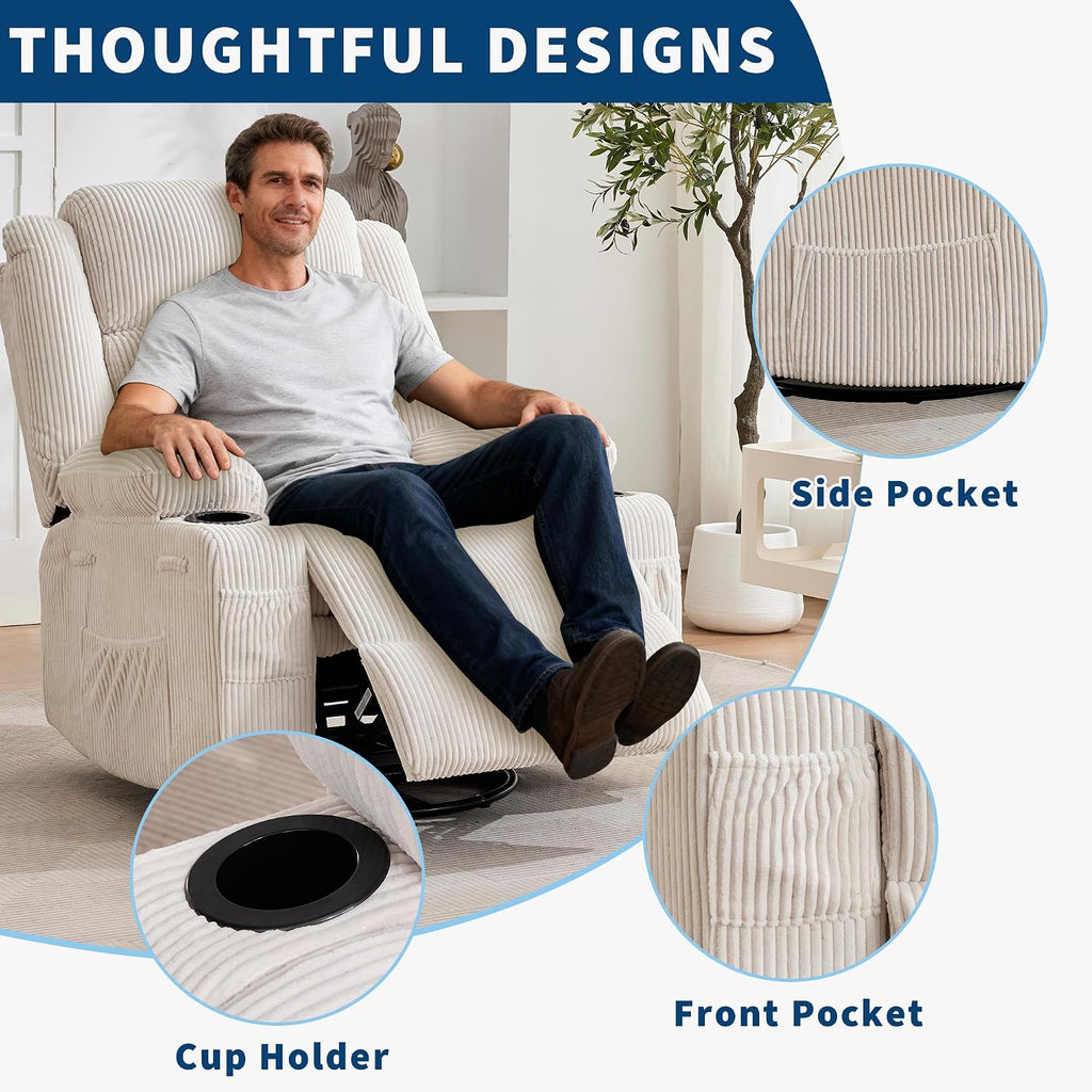 360° Swivel Rocker Recliner Chair for Adults, Rocking Manual Glider Sofa with 3 Positions, 2 Cup Holders, 4 Pockets for Nursery, Living Room, Bedroom, Office, Reading Nook
