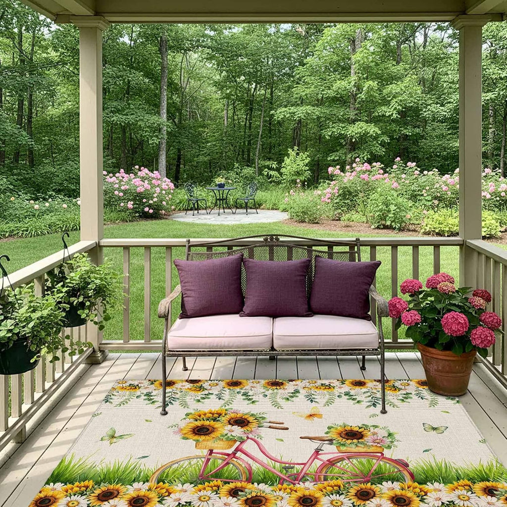 Spring Outdoor Rug for Patio/Deck/Porch, Non-Slip Large Area Rug 4 x 6 Ft, Bicycles Botanical Sunflowers Leaves Butterfly Indoor Outdoor Rugs Washable Area Rugs, Reversible Camping Rug Carpet Runner