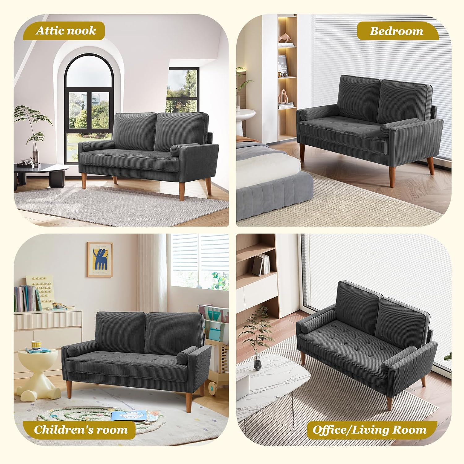 Vesgantti Loveseat Sofa with Solid Wood Legs, Small Corduroy Couches for Small Spaces, Mid Century Modern Love Seat for Living Room, Bedroom, Easy Assembly with Throw Pillow, Grey