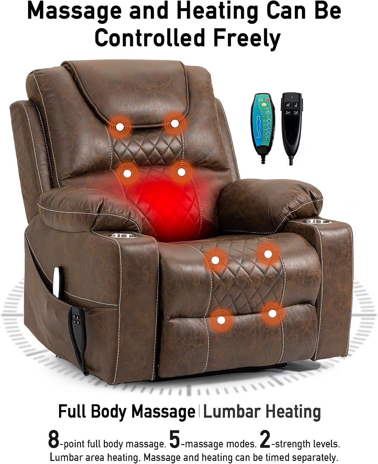 Oversized Lazy Boy Recliner Chair, 2 Motor Leather Recliner, Nursing Lift Chair with Massage and Lumbar Heating, Functional Adult Power Recliner with Cup Holders