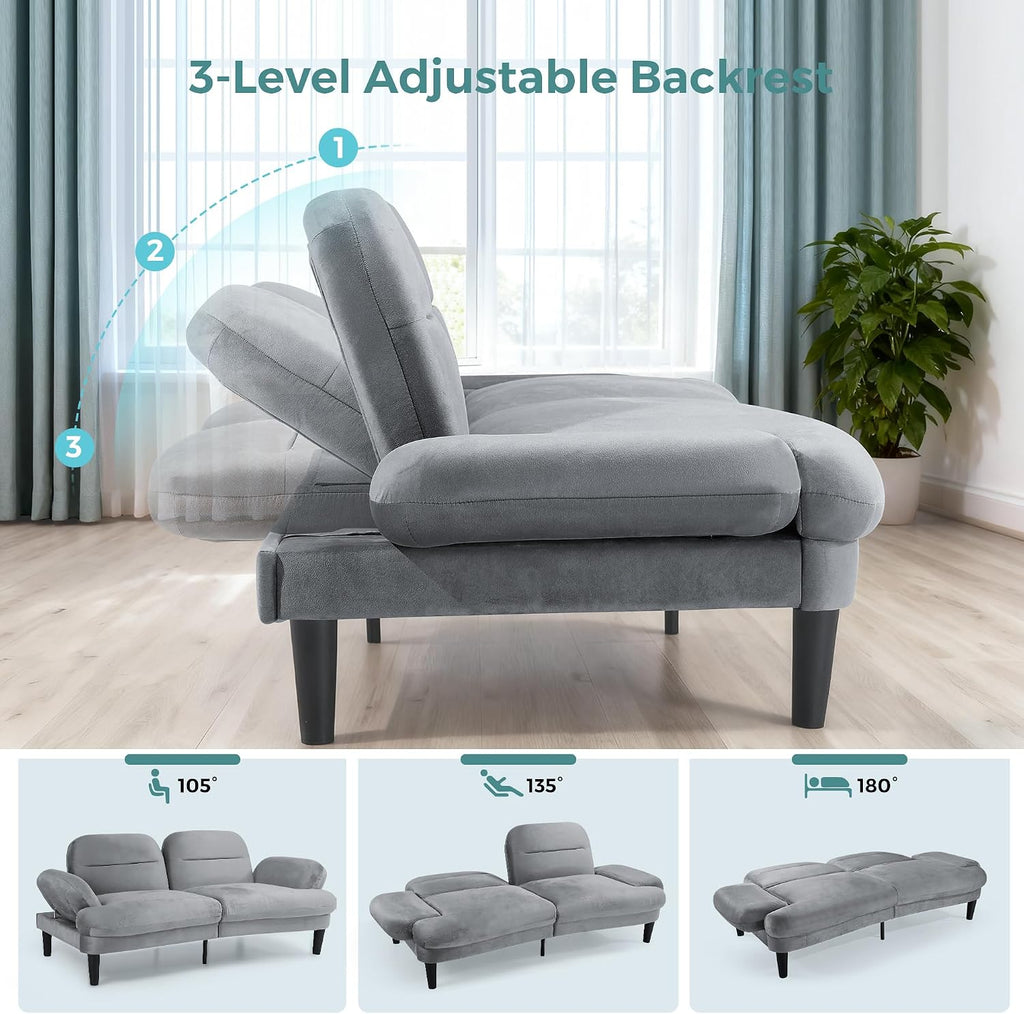 79' Futon Sofa Bed, Sleeper Sofa, Convertible Sofa Bed with Adjustable Backrest and Armrests, Luxury Velvet Cloud Loveseat, Convertible Recliner Sleeper Sofa for Living Room, Bedroom, Apartment, Green