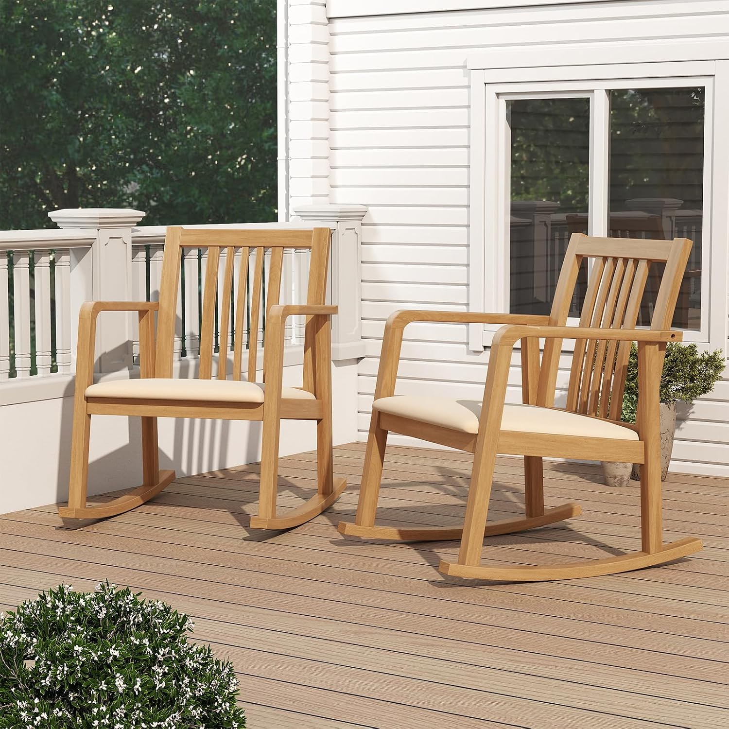 Giantex Rocking Chair with Cushioned Seat, Indoor Solid Rubber Wood Rocker Chair w/Slatted Back & Curved Armrests, Wooden Accent Armchair for Living Room, Bedroom, Study, Porch (2,Natural + Beige)