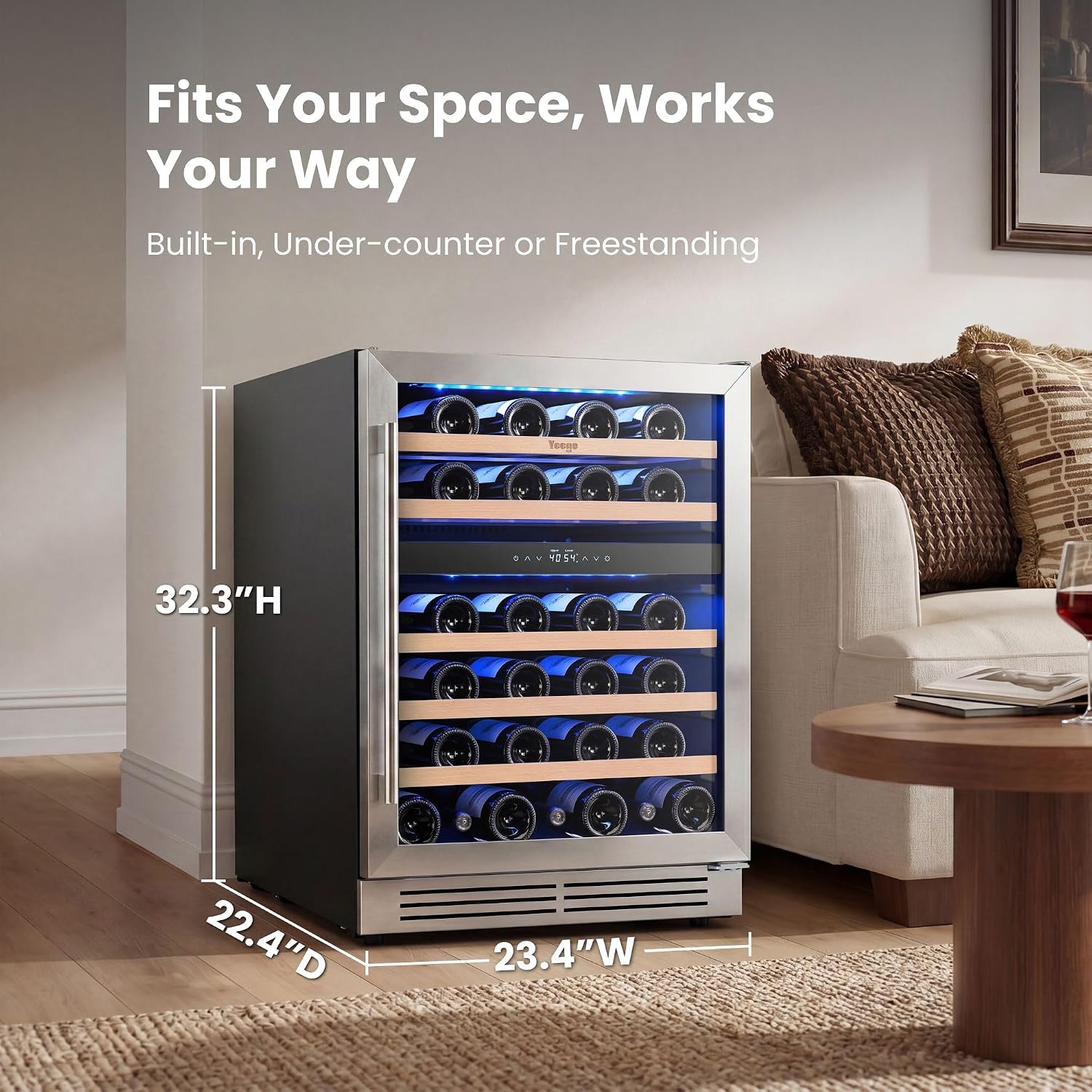 Yeego Wine Fridge Cooler - 24 Inch Dual Zone Wine Fridge Hold 52 Bottles, 40-65°F Wine Refrigerator Glass Door, Built in Fridge, Freestanding Adjustable Shelves Fridge for Beer Soda Drink Home Bar