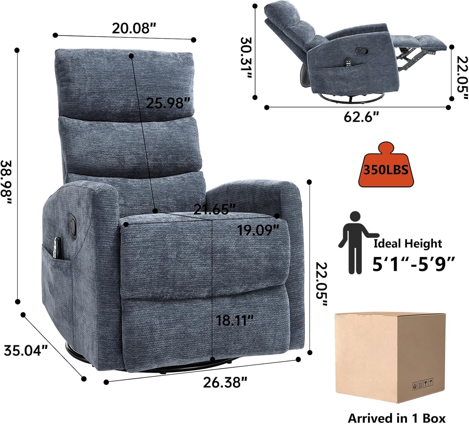 PELUMY 360° Swivel Rocker Recliner with Heat & Vibration Massage, Glider Rocking Chair for Adults, Compact Recliner for Living Room, Small Spaces, Nursery, Bedroom (Chenille, Blue)