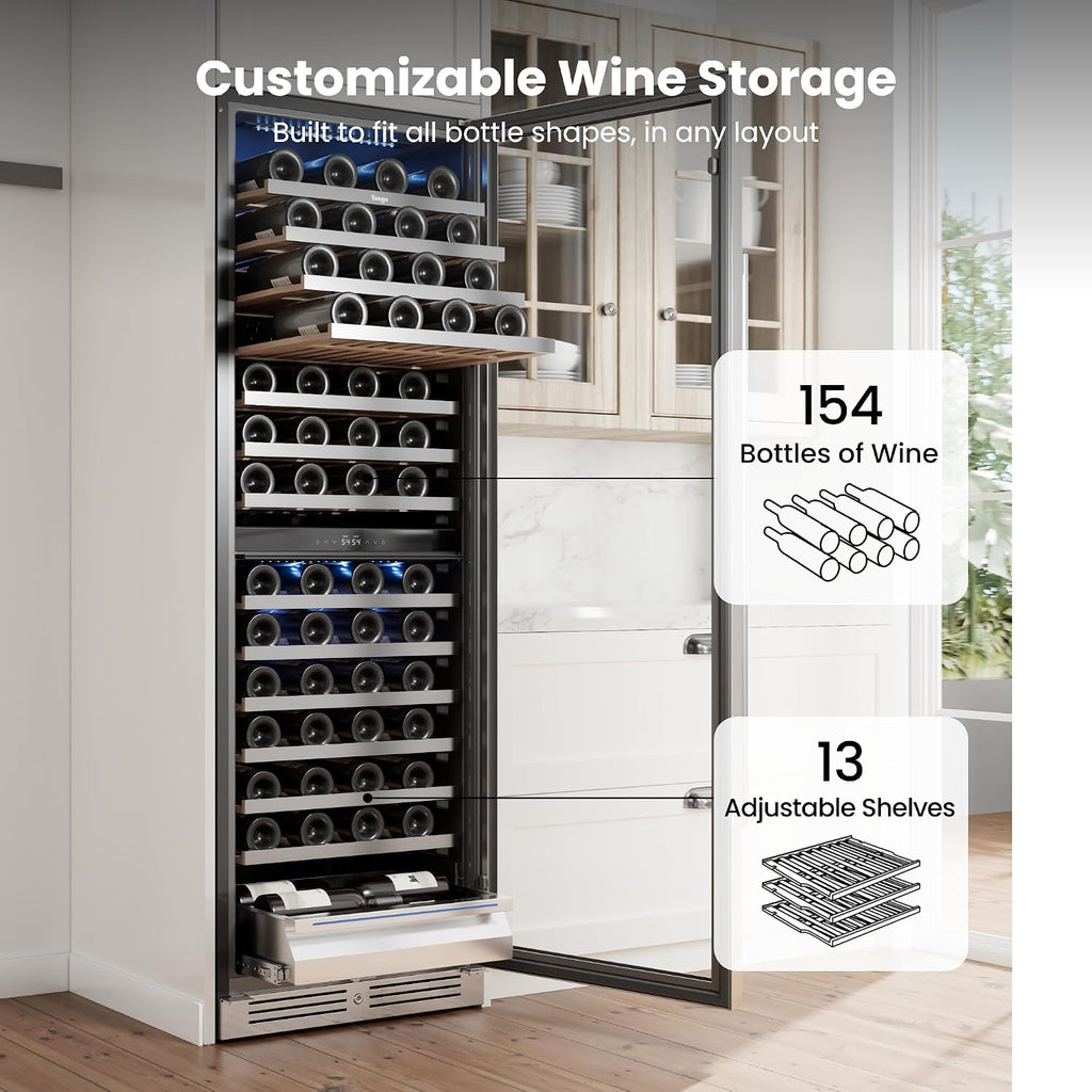 Yeego 24 Inch Wine Fridge – Wine Cooler Refrigerator 40°F-65°F, 304 Stainless Steel Glass Door Lock, Temp Memory Blue & White LED Built-in Fridge with Adjustable Shelves (154 Bottle)
