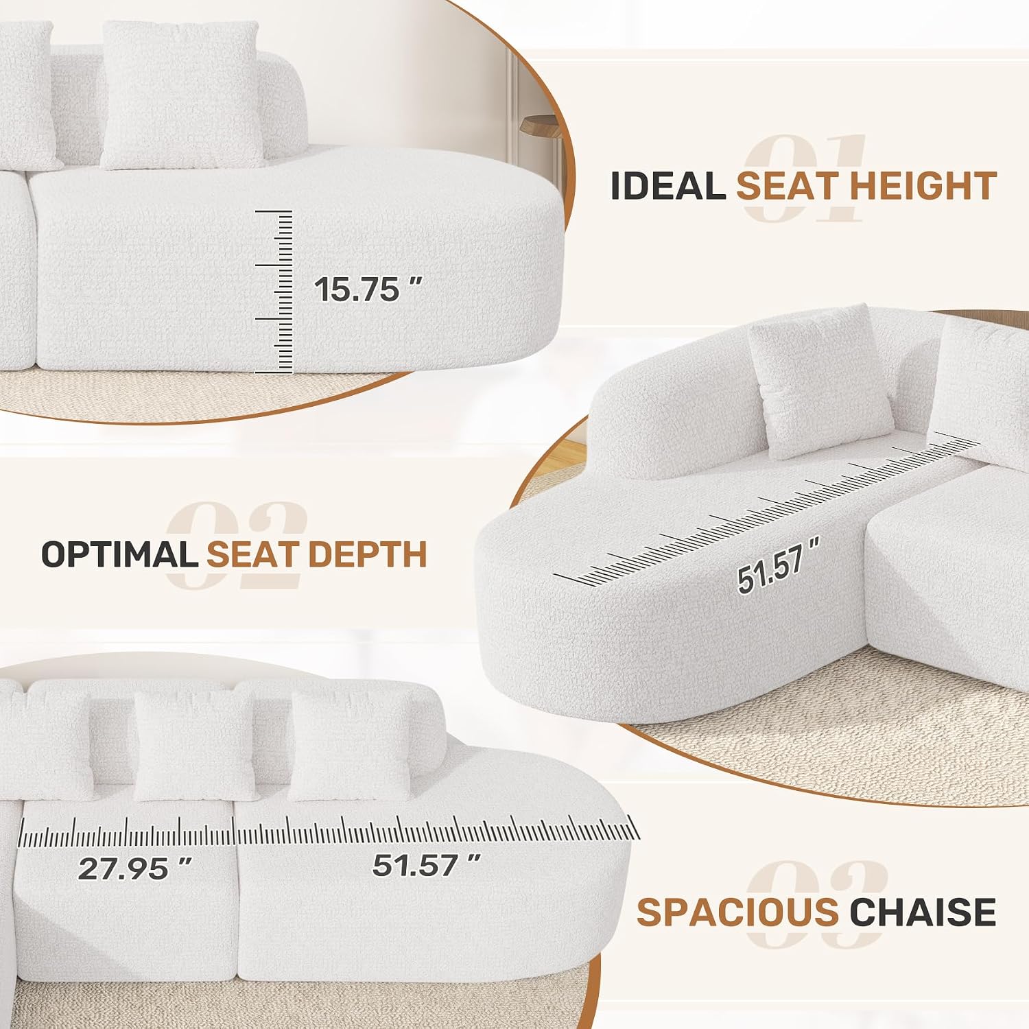 114 Inch Boneless Curved Couches for Living Room,Modern Modular Sectional Sofa with Chaise,L-Shape Cloud Sectional Couch,No Assembly Required,Beige