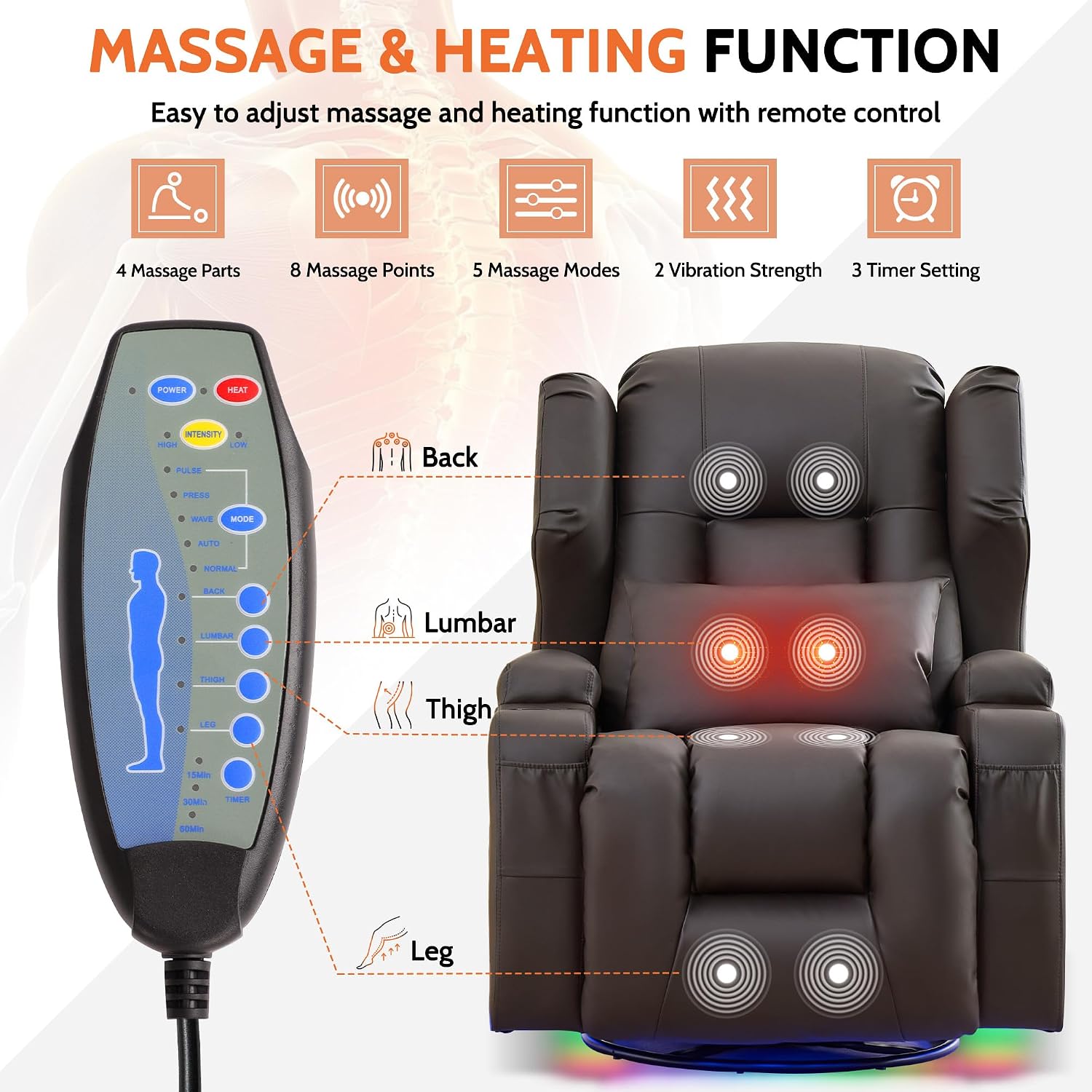 BINGTOO Dual Motor Power Swivel Rocker Recliner Chair with Massage & Heat, Electric Wall Hugger Glider Chair for Adults, Nursery with LED Lights, USB-C Ports & Cup Holders, Faux Leather Brown, 1 Chair