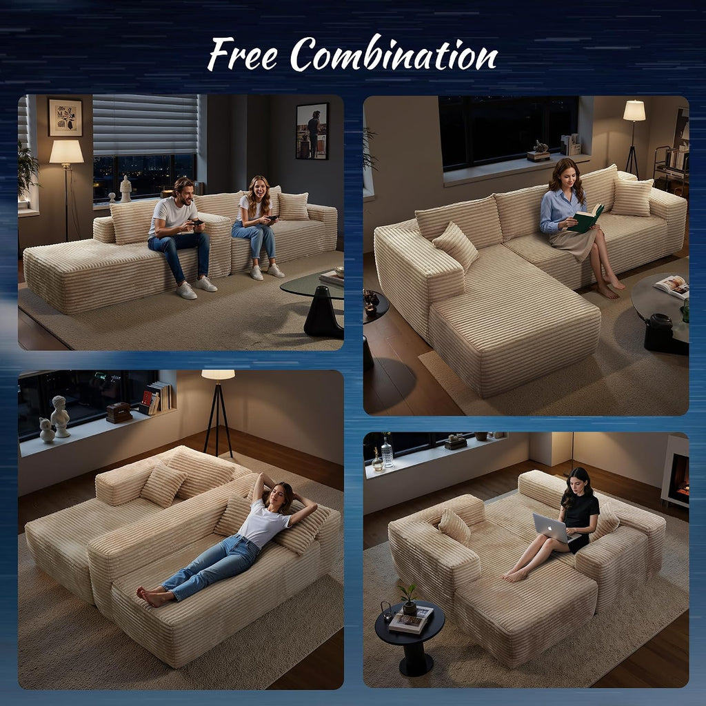 ovios 104' Cloud Boneless Couch with Glitter Fabric, Moudular Sectional Sofa with Deep Seat, No Assembly Required, Modern Minimalist L Shaped Couches with Chaise for Living Room, Beige