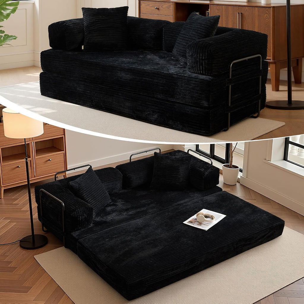 81″ Convertible Sleeper Sofa Bed with Pillows, Corduroy Foldable Mattress Couch with Fixed-Shape Frame, Futon Sofa Bed, Boneless Couch for Living Room Bedroom Lounge Studio, Black