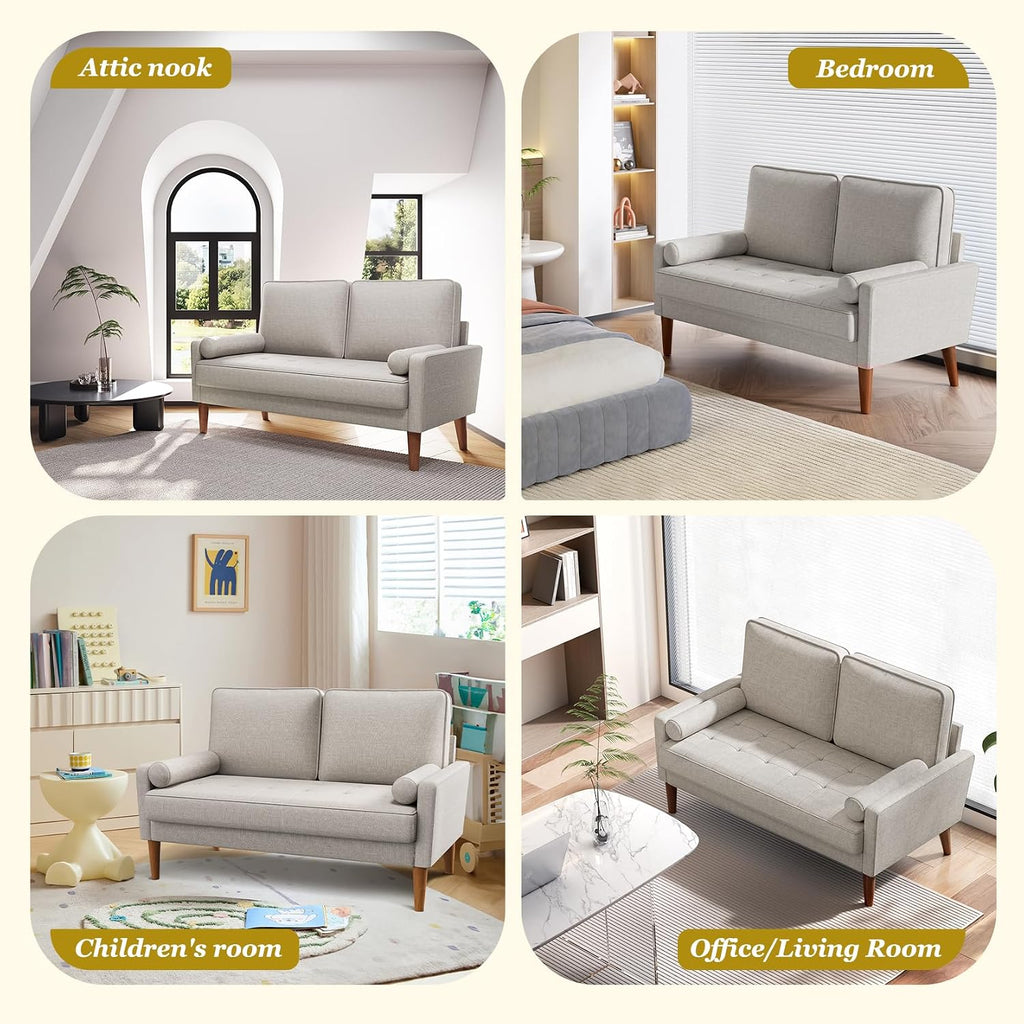 Vesgantti Loveseat Sofa with Solid Wood Legs, 48' Small Couches for Small Spaces, Love Seat for Living Room, Bedroom, Easy Assembly Mid Century Modern Couch with Throw Pillow for Apartment, Ashbeige